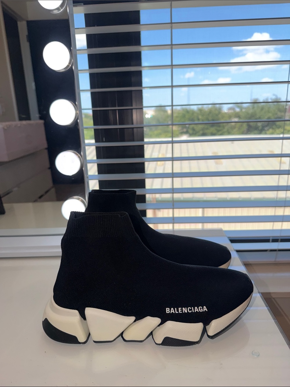 Balenciaga Black and White Speed Trainer Sneakers